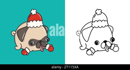 Clipart Weihnachten Mops Hund Ausmalseite und farbige Illustration festlegen. Kawaii Xmas Hund. Stock Vektor