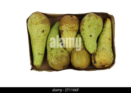 Stapel von grünen Reifen Birnen Konferenz verpackt in rechteckigem Karton Karton Behälter für den Einzelverkauf, isoliert auf weißem Hintergrund. Kunststofffreie Verpackung Stockfoto