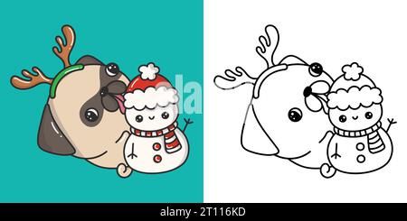 Set Weihnachten Mops Hund mehrfarbig und schwarz-weiß. Kawaii Clip Art Weihnachts-Hündchen. Stock Vektor