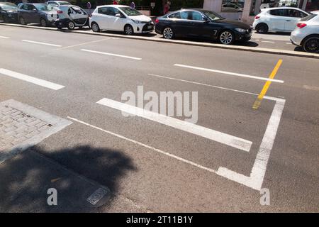 Straßenmarkierungen/Markierungen mit weißen Linien usw. für die Polposition des Startgitters des Grand Prix von Monaco auf der Strecke im Fürstentum. (135) Stockfoto