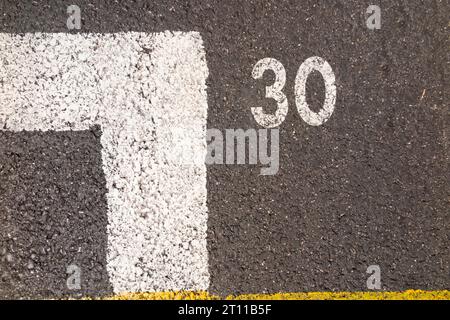 Straßenmarkierungen/Markierungen für weiße Linien usw. für die Rückseite (30. Wagen) der Startaufstellung des Grand Prix-Rennens von Monaco auf der Strecke im Fürstentum (135) Stockfoto