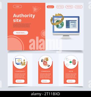Vorlage für flache Landing-Page-Website für Behörden. Ausgleichszahlung, provision, Nische. Webbanner mit Kopf-, Inhalt- und Fußzeile. Vektorabbildung. Stock Vektor