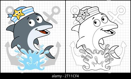 Malbuch von niedlichem Delfin in Matrosenmütze mit Seesternen auf Ankerhintergrund Stock Vektor