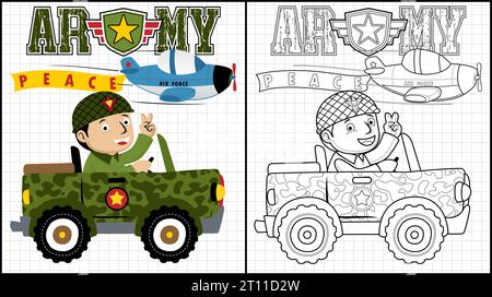 Malbuch von Soldatencartoon auf Militärfahrzeug mit Flugzeug Stock Vektor