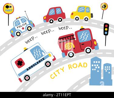 Vektorsatz von verschiedenen Fahrzeugen Cartoon auf der Straße, Verkehrselemente Illustration Stock Vektor