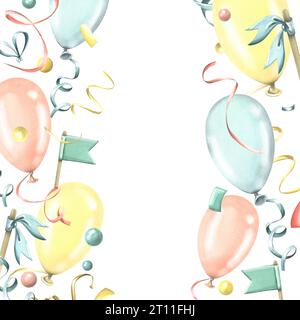 Rote, blaue und gelbe Ballons mit Fahnen, Konfetti, Bändern und Serpentinen. Aquarellillustration, handgezeichnet. Vorlage, Rahmen für Geburtstag auf A Stockfoto