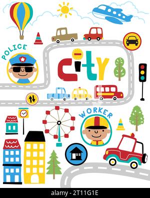Vektor-Set von Cityscape Elements Cartoon mit lustigen Polizisten und Arbeiter Stock Vektor