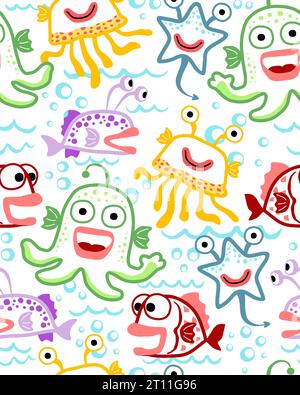 Nahtloser Mustervektor mit Unterwasser-Doodle-Monster-Cartoon Stock Vektor