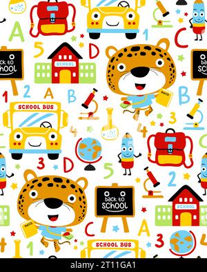 Nahtloser Mustervektor von Schulelementen Cartoon mit lustigem Leopard Stock Vektor