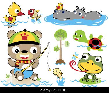 Vektor-Set von lustigen Tieren Zeichentrickfilm in verschiedenen Aktivitäten Stock Vektor