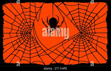 Hintergrund mit Silhouetten aus rundem schwarzem Spinnennetz und gerahmter Spinne. Vektor-Silhouette, Elemente für Halloween-Design. Stock Vektor