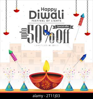 Attraktives Werbebanner-Design mit 50 % Rabatt für die Feier des Diwali-Festivals. Vektorabbildung. Stock Vektor