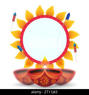 Vektor-Illustration des glücklichen Diwali-Hintergrunds mit Diya und Feuerwerkskörpern. Leerzeichen für Text Stock Vektor
