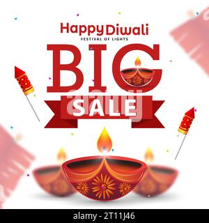 Happy Diwali Big Sale Banner Design Vorlage mit Diya Öl Lampe und Cracker. Vektorabbildung. Stock Vektor