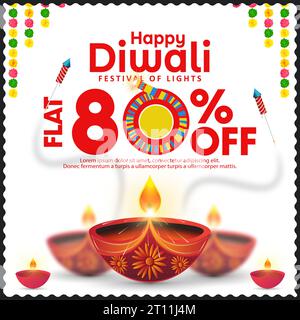 Happy Diwali 80 % Rabatt auf Werbebanner Design Vorlage mit Diya Öl Lampe und Cracker. Vektorabbildung. Stock Vektor