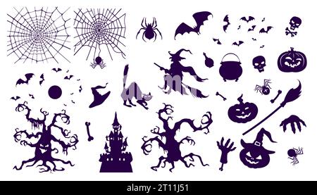 Fledermäuse, Spinne mit einem Netz, Vollmond, Hexe, gruselige Bäume, Hände des Toten, Hexenkatze, Kessel, Knochen, Schädel, Schloss, Kürbisse. Satz flacher Silhouetten Stock Vektor