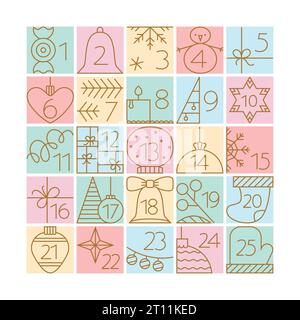 Elemente des Adventskalenders mit einfachen Strichabbildungen. Niedliche Umrisssymbole auf hellem Hintergrund mit Kerze, Stern, Spielzeug, Kugel. Stock Vektor