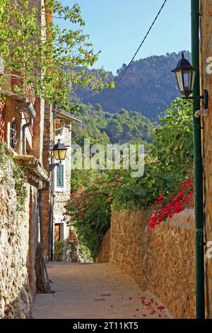 Vormittag im ländlichen Fornalutx, Mallorca, Spanien. Eine schmale Kopfsteinpflasterstraße verläuft entlang der ursprünglichen hohen Steinmauern und Häuser. Tramuntana-Berge im Hintergrund. Stockfoto
