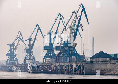 (231010) -- PEKING, 10. Oktober 2023 (Xinhua) -- dieses Foto vom 25. Juli 2023 zeigt einen Hafen in Blagoweschtschensk, Russland. Die chinesische Heihe-Stadt liegt gegenüber der russischen Stadt Blagoweschtschensk auf der anderen Seite des Flusses Heilongjiang, in Russland als Amur bekannt. Im Juni letzten Jahres wurde die grenzüberschreitende Autobahnbrücke Heihe-Blagoveshtschensk über den Fluss Heilongjiang für den Verkehr freigegeben. Die Brücke spielte eine wichtige Rolle für den Anstieg des Handelsumsatzes und eröffnete eine neue Seite bei der Entwicklung bilateraler Beziehungen. (Foto: Guo Feizhou/Xinhua) Stockfoto