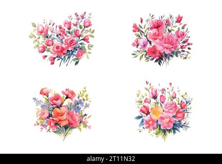 Blumensträuße in Aquarellen, isoliert. Sammlung abstrakter Frühlingsblumen, Gras, Blattzweige, Blumenblätter im minimalen Stil. Design Stock Vektor