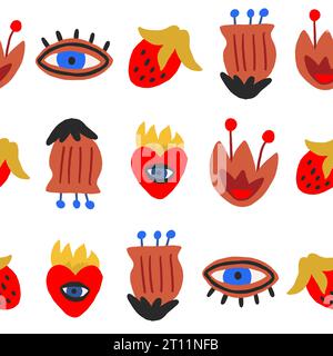 Funky Herz mit Flamme und einem Auge, nahtloses Valentinstag-Muster - flache Vektor-Illustration auf weißem Hintergrund. Schrulliges Liebesmuster. Handgezeichnete lustige Herzzeichnung. Vektorabbildung Stock Vektor