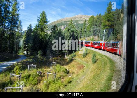 Blick aus dem Inneren des Bernina Express-Zuges in der Schweiz, Europa Stockfoto