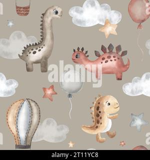 Süße Dinosaurier, Heißluftballons, Wolken, Drachen, Schmetterlinge. Nahtloses Aquarellmuster, Boho-Stil. Handgezeichnet. Textil, Stoff, Tapete, Design. Stockfoto