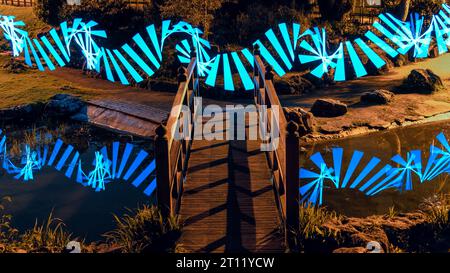Lichtmalerei im Japanischen Garten, Preston, Lancashire bei Nacht Stockfoto