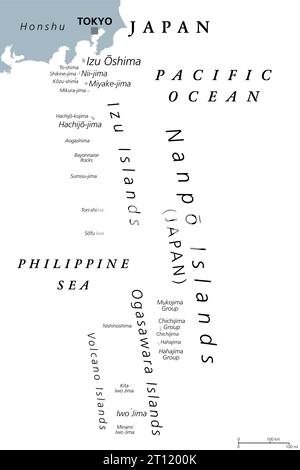 Nanpo-Inseln, Inselgruppen Japans, politische Karte. Vulkaninseln im Pazifik östlich der Philippinischen See, südlich des japanischen Archipels. Stockfoto