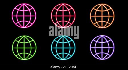Setzen Sie das Internet-Symbol, den Neon-Aufkleber, die globale Neon-Verbindungsfigur, die leuchtende Figur, die geometrischen Neon-Figuren Stockfoto