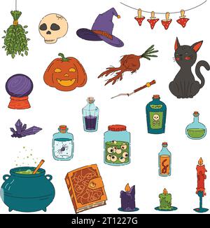 Halloween Objektaufkleber Set, Hexenbasteln, lustiger Kürbis, Augen, Kerze, greens, Gift, Katze, Hut Stock Vektor