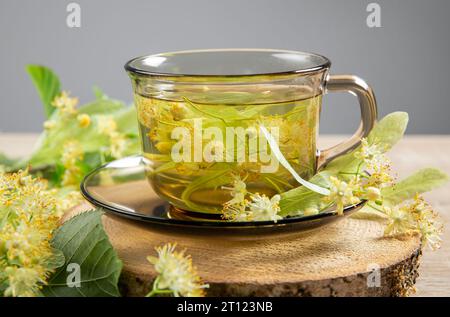 Tilia platyphyllos, bekannt als großblättriger Lindenkräutertee, hergestellt aus frisch gepflückten Blüten mit Baumblättern und Zweigen mit Blüten. Stockfoto