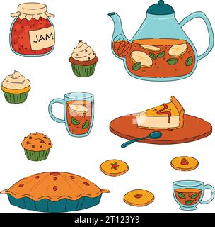 Aufkleber für die Teezeit-Sammlung. Gemütliche Teekanne, Wasserkocher und Desserts. Cupcakes, Kuchen, Kekse, Marmelade Stock Vektor