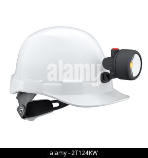 Weißer Schutzhelm oder harte Kappe mit Taschenlampe isoliert auf weißem Hintergrund. 3D Darstellung und Darstellung von Kopfbedeckungen und Handyman-Werkzeugen Stockfoto