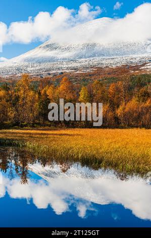 Schneebedeckte Berge spiegeln sich in einem ruhigen See inmitten von Herbstbäumen. Stockfoto