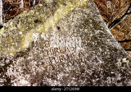 Arges County, Rumänien, 1999. Steinschnitzerei im Kloster Cetatuia Negru-Voda, mit einem Vers aus der Akathistenhymne an die Theotokos: „Freude, o Braut unverheiratet“. Stockfoto