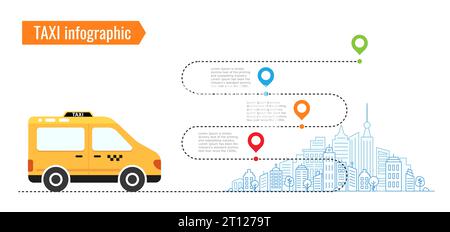 Taxifahrt. Symbol für Taxi, Auto und Karte. Blauer, grüner, oranger, weißer und schwarzer Vektor. Straße. Grafik. Stock Vektor