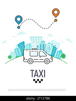 Taxifahrt. Symbol für Taxi, Auto und Karte. Blauer, grüner, oranger, weißer und schwarzer Vektor. Straßengrafik Stock Vektor