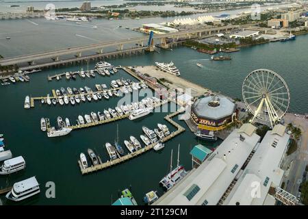 Teure Yachten und Motorboote im Hafen von Biscayne Bay im Stadtzentrum von Miami, Florida. Marina Bay mit luxuriösen Segelbooten Stockfoto