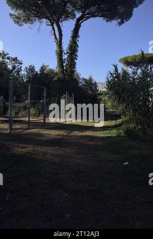 Die Pipeline ist in einem Zaun in einem Park am italienischen Meer bei Sonnenuntergang eingeschlossen Stockfoto