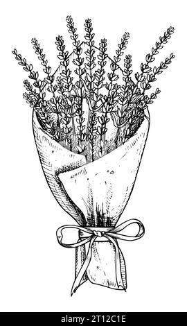 Blumenstrauß aus Lavendelblumen in Papier mit Band. Hand gezeichnete schwarze Vektorillustration auf weißem isolierten Hintergrund für Grußkarten oder Hochzeitseinladungen. Strichkunst mit Blumenmuster in der Provinz. Stock Vektor