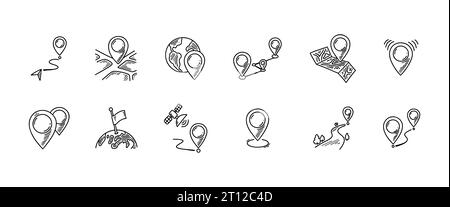 Positionsstift-Symbol Kritzelsatz. Handgezeichnete Vektorgrafik. Markierung der Geolokationskarte. Symbole für Vektorlinien im Zusammenhang mit der Freihandnavigation. Stock Vektor