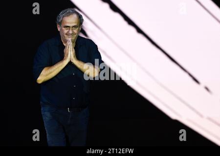 Turin, Italien. 10. Oktober 2023. Michel Platini während der „Together, A Black & White Show“, einer Veranstaltung, die vom FC Juventus anlässlich der Feierlichkeiten zum 100-jährigen Bestehen der Familie Agnelli als Präsident des Vereins organisiert wurde. Quelle: Nicolò Campo/Alamy Live News Stockfoto