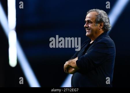 Turin, Italien. 10. Oktober 2023. Michel Platini während der „Together, A Black & White Show“, einer Veranstaltung, die vom FC Juventus anlässlich der Feierlichkeiten zum 100-jährigen Bestehen der Familie Agnelli als Präsident des Vereins organisiert wurde. Quelle: Nicolò Campo/Alamy Live News Stockfoto