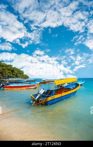 Tela, Honduras Â», Januar 2020: Ein Transportboot auf dem Cocalito Beach in Punta de Sal in der Karibik, Tela Stockfoto