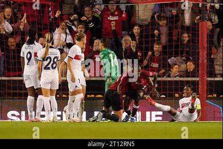 Melvine Malard von Manchester United feiert das erste Tor ihrer Mannschaft während der Qualifikation zur UEFA Women's Champions League in der zweiten Runde, dem ersten Legspiel im Leigh Sports Village, Greater Manchester. Bilddatum: Dienstag, 10. Oktober 2023. Stockfoto