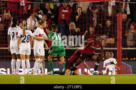 Melvine Malard von Manchester United feiert das erste Tor ihrer Mannschaft während der Qualifikation zur UEFA Women's Champions League in der zweiten Runde, dem ersten Legspiel im Leigh Sports Village, Greater Manchester. Bilddatum: Dienstag, 10. Oktober 2023. Stockfoto