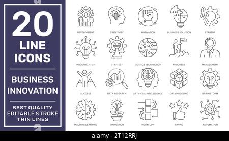 Symbolsatz für kreative Geschäftslösungen. Symbole für Unternehmensinnovationen. Management des Innovationsteams. Bearbeitbare Kontur. EPS 10 Stock Vektor