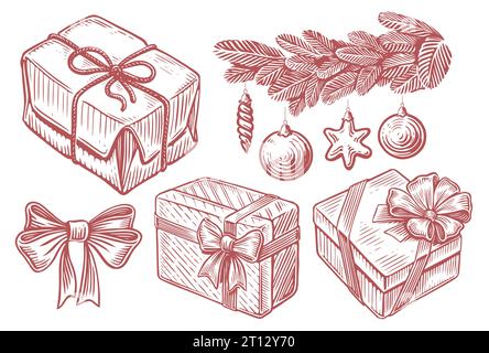 Weihnachtsgeschenk, Box mit Schleife, Tannenzweig mit Deko. Handgezeichnete Vintage-Skizze Vektor-Illustration Stock Vektor