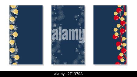 Hintergrund in sozialen Netzwerken Geschichten Winterthema. Weihnachtskugeln goldrot und Schneeflocken. Vertikale Hintergrundvorlage. Insta Style Elemente der Natur. Vektorabbildung. Stock Vektor